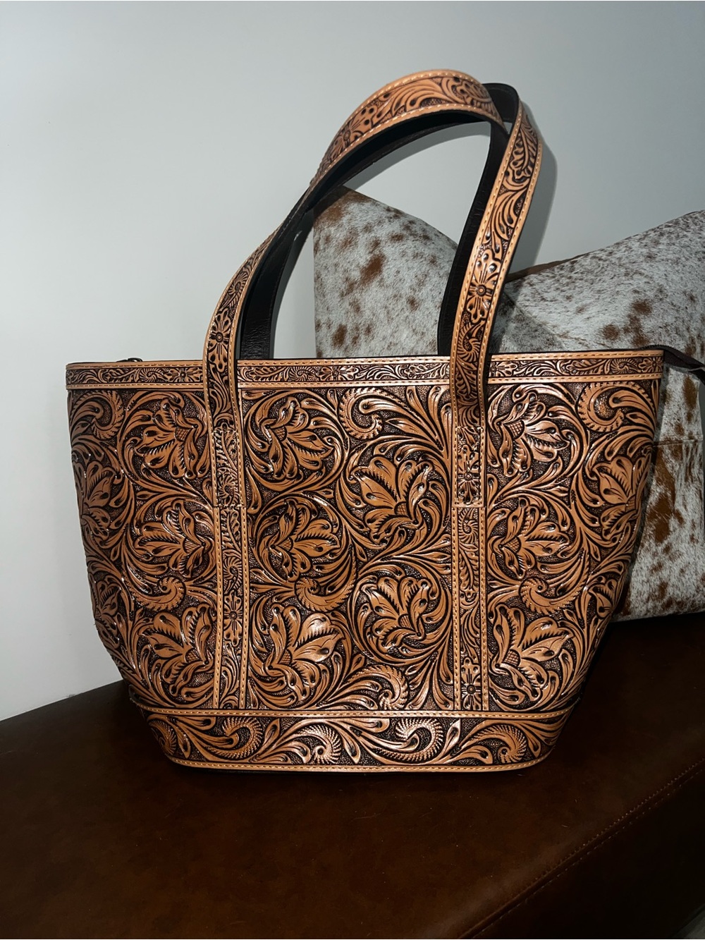 Western Linens Hand-Tooled Leather Tote Bag